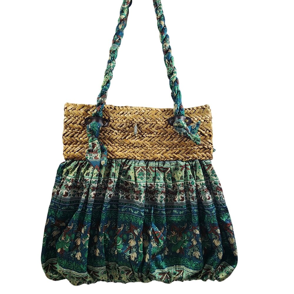 Cappelli Straworld BlueGreen Floral Fabric Straw Boho Handbag Double Handle Tote